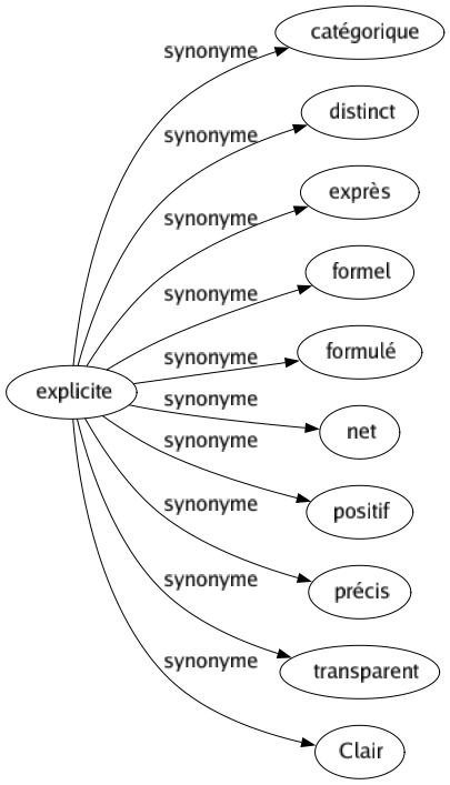 Synonyme de Explicite : Catégorique Distinct Exprès Formel Formulé Net Positif Précis Transparent Clair 