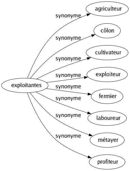 Synonyme de Exploitantes : Agriculteur Côlon Cultivateur Exploiteur Fermier Laboureur Métayer Profiteur 