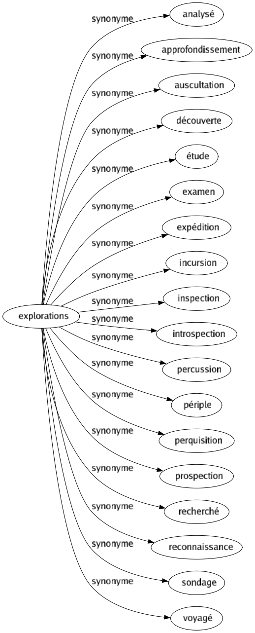 Synonyme de Explorations : Analysé Approfondissement Auscultation Découverte Étude Examen Expédition Incursion Inspection Introspection Percussion Périple Perquisition Prospection Recherché Reconnaissance Sondage Voyagé 