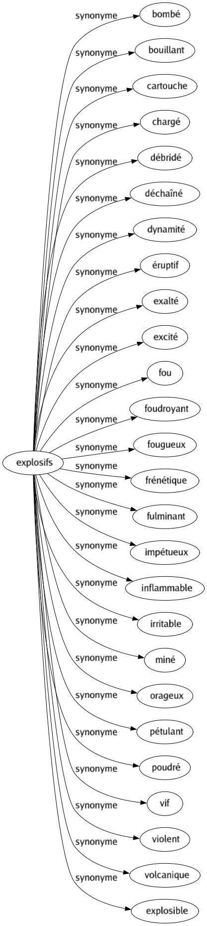 Synonyme de Explosifs : Bombé Bouillant Cartouche Chargé Débridé Déchaîné Dynamité Éruptif Exalté Excité Fou Foudroyant Fougueux Frénétique Fulminant Impétueux Inflammable Irritable Miné Orageux Pétulant Poudré Vif Violent Volcanique Explosible 