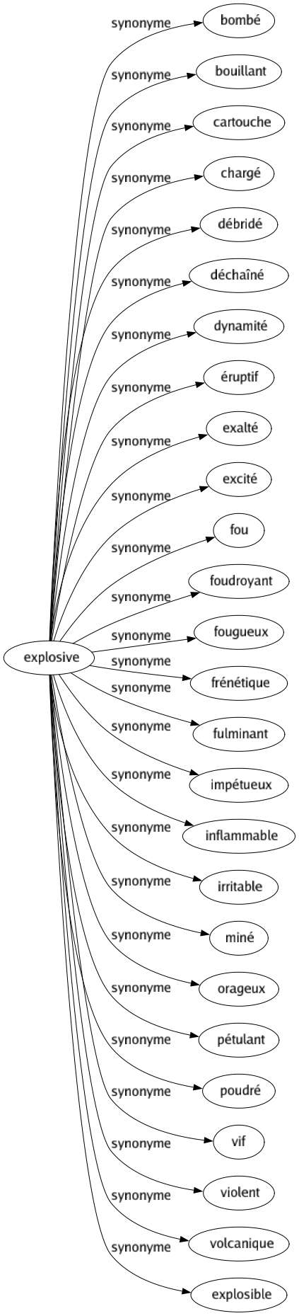 Synonyme de Explosive : Bombé Bouillant Cartouche Chargé Débridé Déchaîné Dynamité Éruptif Exalté Excité Fou Foudroyant Fougueux Frénétique Fulminant Impétueux Inflammable Irritable Miné Orageux Pétulant Poudré Vif Violent Volcanique Explosible 