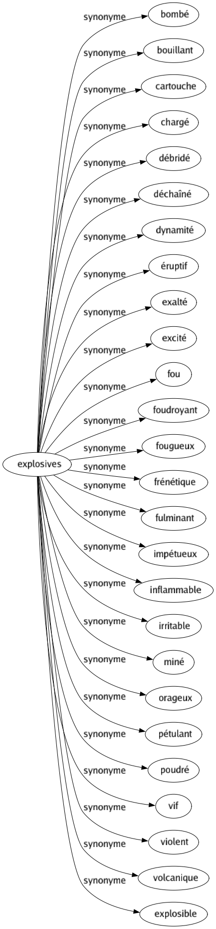 Synonyme de Explosives : Bombé Bouillant Cartouche Chargé Débridé Déchaîné Dynamité Éruptif Exalté Excité Fou Foudroyant Fougueux Frénétique Fulminant Impétueux Inflammable Irritable Miné Orageux Pétulant Poudré Vif Violent Volcanique Explosible 