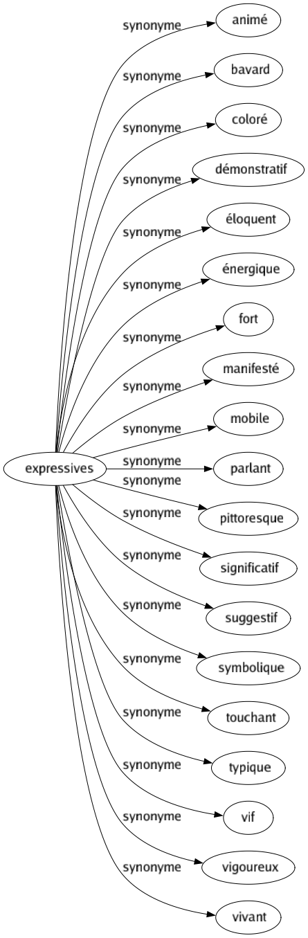 Synonyme de Expressives : Animé Bavard Coloré Démonstratif Éloquent Énergique Fort Manifesté Mobile Parlant Pittoresque Significatif Suggestif Symbolique Touchant Typique Vif Vigoureux Vivant 