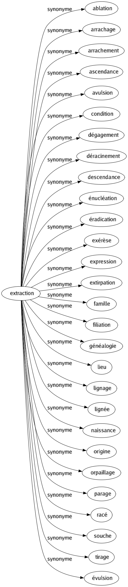 Synonyme de Extraction : Ablation Arrachage Arrachement Ascendance Avulsion Condition Dégagement Déracinement Descendance Énucléation Éradication Exérèse Expression Extirpation Famille Filiation Généalogie Lieu Lignage Lignée Naissance Origine Orpaillage Parage Racé Souche Tirage Évulsion 