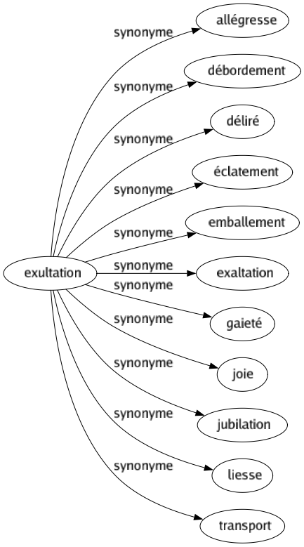 Synonyme de Exultation : Allégresse Débordement Déliré Éclatement Emballement Exaltation Gaieté Joie Jubilation Liesse Transport 