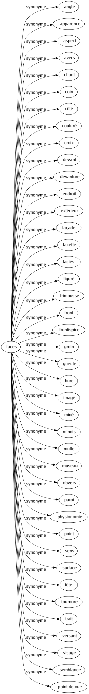 Synonyme de Faces : Angle Apparence Aspect Avers Chant Coin Côté Couturé Croix Devant Devanture Endroit Extérieur Façade Facette Faciès Figuré Frimousse Front Frontispice Groin Gueule Hure Imagé Miné Minois Mufle Museau Obvers Paroi Physionomie Point Sens Surface Tête Tournure Trait Versant Visage Semblance Point de vue 