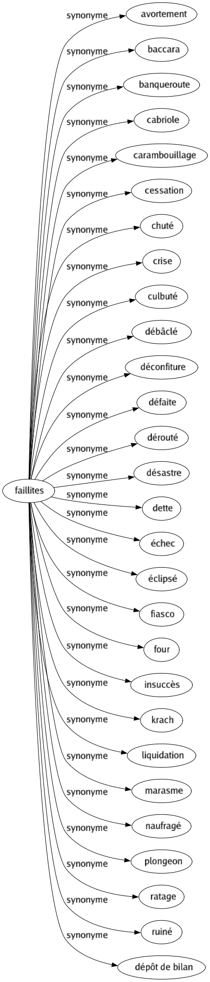 Synonyme de Faillites : Avortement Baccara Banqueroute Cabriole Carambouillage Cessation Chuté Crise Culbuté Débâclé Déconfiture Défaite Dérouté Désastre Dette Échec Éclipsé Fiasco Four Insuccès Krach Liquidation Marasme Naufragé Plongeon Ratage Ruiné Dépôt de bilan 