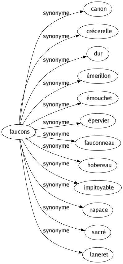 Synonyme de Faucons : Canon Crécerelle Dur Émerillon Émouchet Épervier Fauconneau Hobereau Impitoyable Rapace Sacré Laneret 