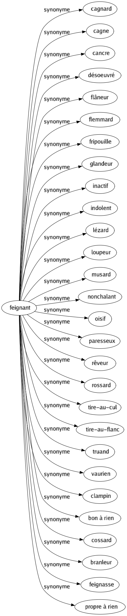 Synonyme de Feignant : Cagnard Cagne Cancre Désoeuvré Flâneur Flemmard Fripouille Glandeur Inactif Indolent Lézard Loupeur Musard Nonchalant Oisif Paresseux Rêveur Rossard Tire-au-cul Tire-au-flanc Truand Vaurien Clampin Bon à rien Cossard Branleur Feignasse Propre à rien 