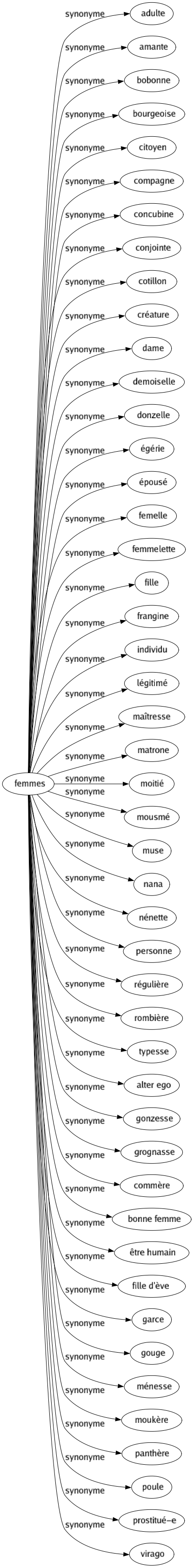 Synonyme de Femmes : Adulte Amante Bobonne Bourgeoise Citoyen Compagne Concubine Conjointe Cotillon Créature Dame Demoiselle Donzelle Égérie Épousé Femelle Femmelette Fille Frangine Individu Légitimé Maîtresse Matrone Moitié Mousmé Muse Nana Nénette Personne Régulière Rombière Typesse Alter ego Gonzesse Grognasse Commère Bonne femme Être humain Fille d'ève Garce Gouge Ménesse Moukère Panthère Poule Prostitué-e Virago 