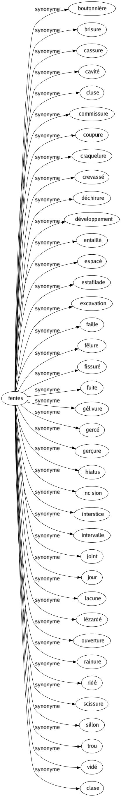 Synonyme de Fentes : Boutonnière Brisure Cassure Cavité Cluse Commissure Coupure Craquelure Crevassé Déchirure Développement Entaillé Espacé Estafilade Excavation Faille Fêlure Fissuré Fuite Gélivure Gercé Gerçure Hiatus Incision Interstice Intervalle Joint Jour Lacune Lézardé Ouverture Rainure Ridé Scissure Sillon Trou Vidé Clase 