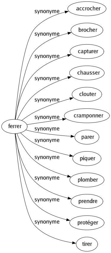 Synonyme de Ferrer : Accrocher Brocher Capturer Chausser Clouter Cramponner Parer Piquer Plomber Prendre Protéger Tirer 