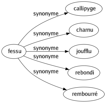 Synonyme de Fessu : Callipyge Charnu Joufflu Rebondi Rembourré 