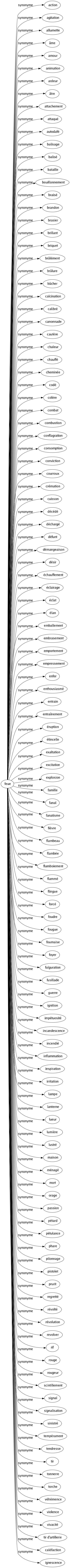 Synonyme de Feue : Action Agitation Allumette Âme Amour Animation Ardeur Âtre Attachement Attaqué Autodafé Balisage Balisé Bataille Bouillonnement Braisé Brandon Brasier Brillant Briquet Brûlément Brûlure Bûcher Calcination Calibré Canonnade Cautère Chaleur Chauffé Cheminée Codé Colère Combat Combustion Conflagration Consomption Conviction Courroux Crémation Cuisson Décédé Déchargé Défunt Démangeaison Désir Échauffement Éclairage Éclat Élan Emballement Embrasement Emportement Empressement Enfer Enthousiasmé Entrain Entraînement Éruption Étincelle Exaltation Excitation Explosion Famille Fanal Fanatisme Fièvre Flambeau Flambée Flamboiement Flammé Flingue Forcé Foudre Fougue Fournaise Foyer Fulguration Fusillade Guerre Ignition Impétuosité Incandescence Incendié Inflammation Inspiration Irritation Lampe Lanterne Lueur Lumière Lustré Maison Ménagé Mort Orage Passion Pétard Pétulance Phare Pilonnage Pistolet Prurit Regretté Révolté Révolution Revolver Rif Rouge Rougeur Scintillement Signal Signalisation Sinistré Tempérament Tendresse Tir Tonnerre Torche Véhémence Violence Vivacité Tir d'artillerie Caléfaction Ignescence 