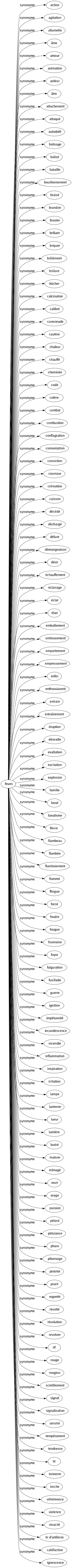 Synonyme de Feues : Action Agitation Allumette Âme Amour Animation Ardeur Âtre Attachement Attaqué Autodafé Balisage Balisé Bataille Bouillonnement Braisé Brandon Brasier Brillant Briquet Brûlément Brûlure Bûcher Calcination Calibré Canonnade Cautère Chaleur Chauffé Cheminée Codé Colère Combat Combustion Conflagration Consomption Conviction Courroux Crémation Cuisson Décédé Déchargé Défunt Démangeaison Désir Échauffement Éclairage Éclat Élan Emballement Embrasement Emportement Empressement Enfer Enthousiasmé Entrain Entraînement Éruption Étincelle Exaltation Excitation Explosion Famille Fanal Fanatisme Fièvre Flambeau Flambée Flamboiement Flammé Flingue Forcé Foudre Fougue Fournaise Foyer Fulguration Fusillade Guerre Ignition Impétuosité Incandescence Incendié Inflammation Inspiration Irritation Lampe Lanterne Lueur Lumière Lustré Maison Ménagé Mort Orage Passion Pétard Pétulance Phare Pilonnage Pistolet Prurit Regretté Révolté Révolution Revolver Rif Rouge Rougeur Scintillement Signal Signalisation Sinistré Tempérament Tendresse Tir Tonnerre Torche Véhémence Violence Vivacité Tir d'artillerie Caléfaction Ignescence 