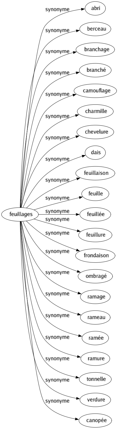 Synonyme de Feuillages : Abri Berceau Branchage Branché Camouflage Charmille Chevelure Dais Feuillaison Feuille Feuillée Feuillure Frondaison Ombragé Ramage Rameau Ramée Ramure Tonnelle Verdure Canopée 