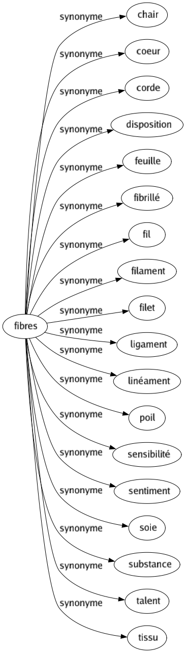 Synonyme de Fibres : Chair Coeur Corde Disposition Feuille Fibrillé Fil Filament Filet Ligament Linéament Poil Sensibilité Sentiment Soie Substance Talent Tissu 