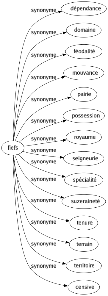 Synonyme de Fiefs : Dépendance Domaine Féodalité Mouvance Pairie Possession Royaume Seigneurie Spécialité Suzeraineté Tenure Terrain Territoire Censive 