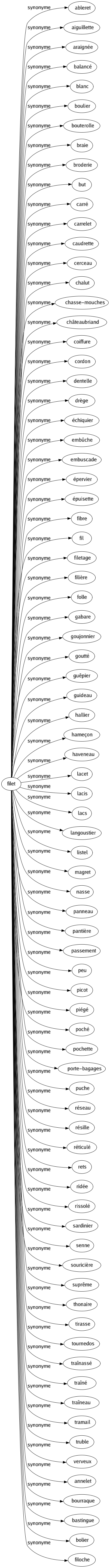 Synonyme de Filet : Ableret Aiguillette Araignée Balancé Blanc Boulier Bouterolle Braie Broderie But Carré Carrelet Caudrette Cerceau Chalut Chasse-mouches Châteaubriand Coiffure Cordon Dentelle Drège Échiquier Embûche Embuscade Épervier Épuisette Fibre Fil Filetage Filière Folle Gabare Goujonnier Goutté Guêpier Guideau Hallier Hameçon Haveneau Lacet Lacis Lacs Langoustier Listel Magret Nasse Panneau Pantière Passement Peu Picot Piégé Poché Pochette Porte-bagages Puche Réseau Résille Réticulé Rets Ridée Rissolé Sardinier Senne Souricière Suprême Thonaire Tirasse Tournedos Traînassé Traîné Traîneau Tramail Truble Verveux Annelet Bourraque Bastingue Bolier Filoche 