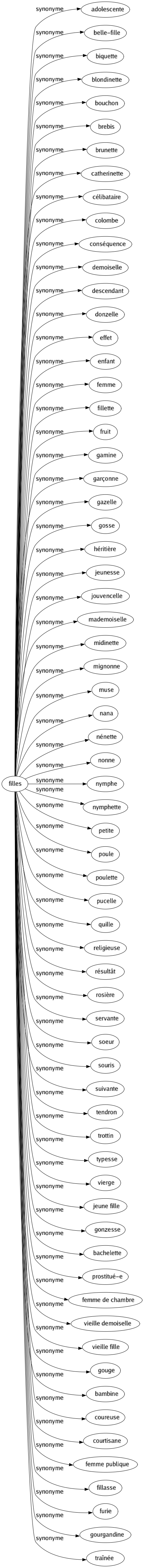 Synonyme de Filles : Adolescente Belle-fille Biquette Blondinette Bouchon Brebis Brunette Catherinette Célibataire Colombe Conséquence Demoiselle Descendant Donzelle Effet Enfant Femme Fillette Fruit Gamine Garçonne Gazelle Gosse Héritière Jeunesse Jouvencelle Mademoiselle Midinette Mignonne Muse Nana Nénette Nonne Nymphe Nymphette Petite Poule Poulette Pucelle Quille Religieuse Résultât Rosière Servante Soeur Souris Suivante Tendron Trottin Typesse Vierge Jeune fille Gonzesse Bachelette Prostitué-e Femme de chambre Vieille demoiselle Vieille fille Gouge Bambine Coureuse Courtisane Femme publique Fillasse Furie Gourgandine Traînée 