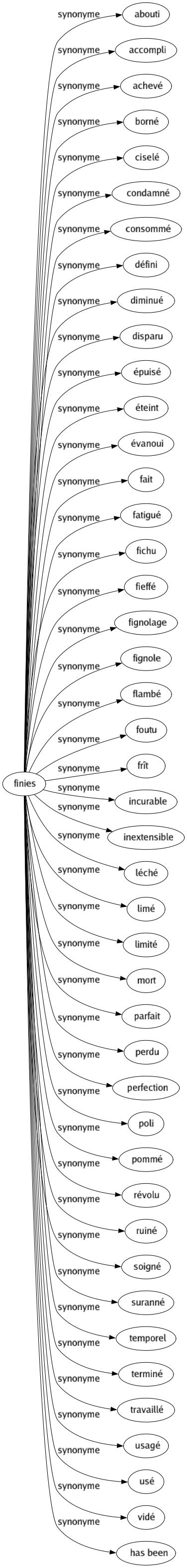 Synonyme de Finies : Abouti Accompli Achevé Borné Ciselé Condamné Consommé Défini Diminué Disparu Épuisé Éteint Évanoui Fait Fatigué Fichu Fieffé Fignolage Fignole Flambé Foutu Frît Incurable Inextensible Léché Limé Limité Mort Parfait Perdu Perfection Poli Pommé Révolu Ruiné Soigné Suranné Temporel Terminé Travaillé Usagé Usé Vidé Has been 