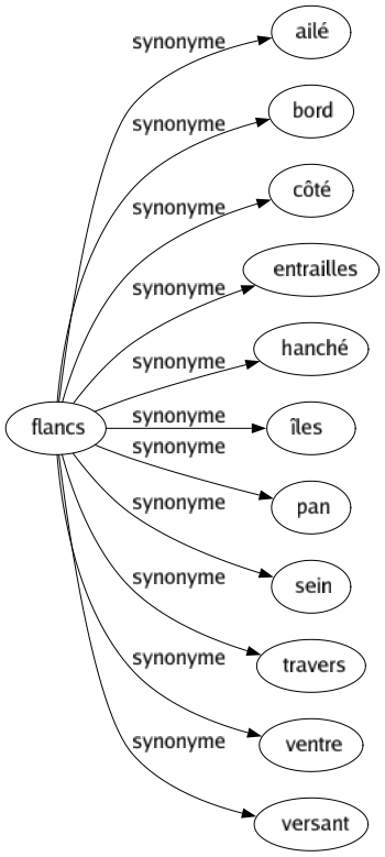 Synonyme de Flancs : Ailé Bord Côté Entrailles Hanché Îles Pan Sein Travers Ventre Versant 