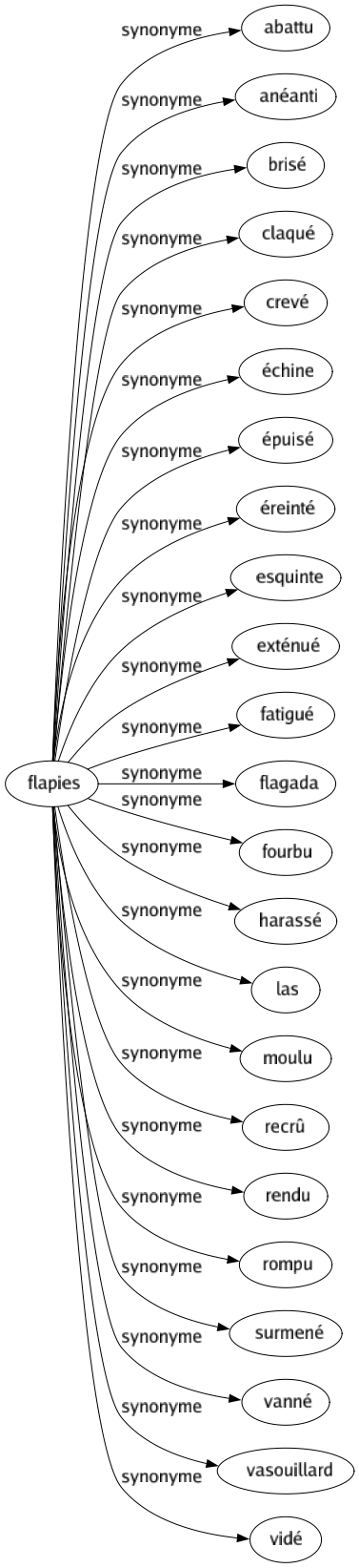 Synonyme de Flapies : Abattu Anéanti Brisé Claqué Crevé Échine Épuisé Éreinté Esquinte Exténué Fatigué Flagada Fourbu Harassé Las Moulu Recrû Rendu Rompu Surmené Vanné Vasouillard Vidé 