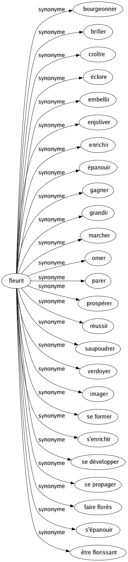 Synonyme de Fleurit : Bourgeonner Briller Croître Éclore Embellir Enjoliver Enrichir Épanouir Gagner Grandir Marcher Orner Parer Prospérer Réussir Saupoudrer Verdoyer Imager Se former S'enrichir Se développer Se propager Faire florès S'épanouir Être florissant 