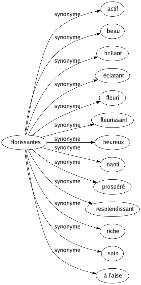 Synonyme de Florissantes : Actif Beau Brillant Éclatant Fleuri Fleurissant Heureux Nanti Prospéré Resplendissant Riche Sain À l'aise 