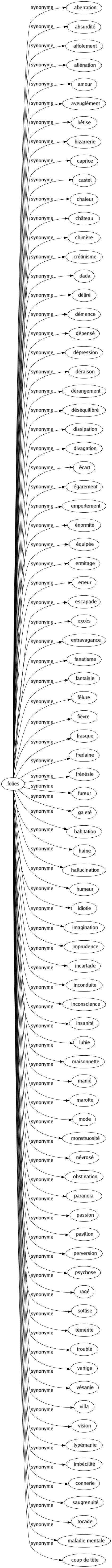 Synonyme de Folies : Aberration Absurdité Affolement Aliénation Amour Aveuglément Bêtise Bizarrerie Caprice Castel Chaleur Château Chimère Crétinisme Dada Déliré Démence Dépensé Dépression Déraison Dérangement Déséquilibré Dissipation Divagation Écart Égarement Emportement Énormité Équipée Ermitage Erreur Escapade Excès Extravagance Fanatisme Fantaisie Fêlure Fièvre Frasque Fredaine Frénésie Fureur Gaieté Habitation Haine Hallucination Humeur Idiotie Imagination Imprudence Incartade Inconduite Inconscience Insanité Lubie Maisonnette Manié Marotte Mode Monstruosité Névrosé Obstination Paranoïa Passion Pavillon Perversion Psychose Ragé Sottise Témérité Troublé Vertige Vésanie Villa Vision Lypémanie Imbécilité Connerie Saugrenuité Tocade Maladie mentale Coup de tête 