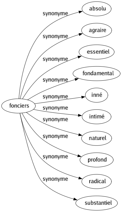 Synonyme de Fonciers : Absolu Agraire Essentiel Fondamental Inné Intimé Naturel Profond Radical Substantiel 