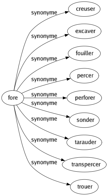 Synonyme de Fore : Creuser Excaver Fouiller Percer Perforer Sonder Tarauder Transpercer Trouer 