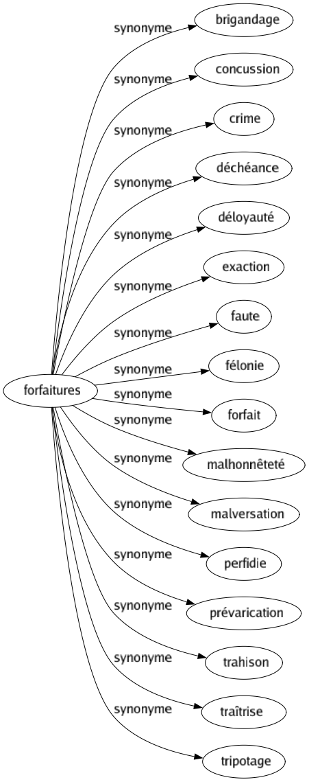 Synonyme de Forfaitures : Brigandage Concussion Crime Déchéance Déloyauté Exaction Faute Félonie Forfait Malhonnêteté Malversation Perfidie Prévarication Trahison Traîtrise Tripotage 