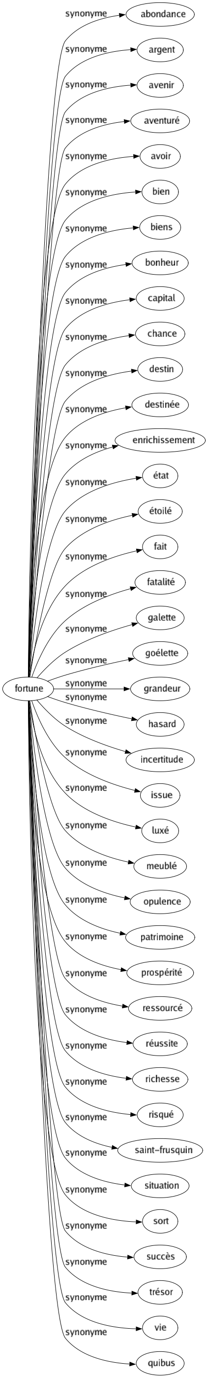 Synonyme de Fortune : Abondance Argent Avenir Aventuré Avoir Bien Biens Bonheur Capital Chance Destin Destinée Enrichissement État Étoilé Fait Fatalité Galette Goélette Grandeur Hasard Incertitude Issue Luxé Meublé Opulence Patrimoine Prospérité Ressourcé Réussite Richesse Risqué Saint-frusquin Situation Sort Succès Trésor Vie Quibus 