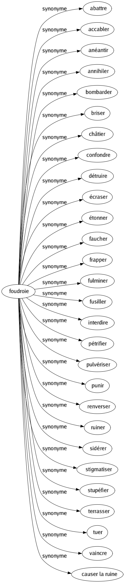 Synonyme de Foudroie : Abattre Accabler Anéantir Annihiler Bombarder Briser Châtier Confondre Détruire Écraser Étonner Faucher Frapper Fulminer Fusiller Interdire Pétrifier Pulvériser Punir Renverser Ruiner Sidérer Stigmatiser Stupéfier Terrasser Tuer Vaincre Causer la ruine 