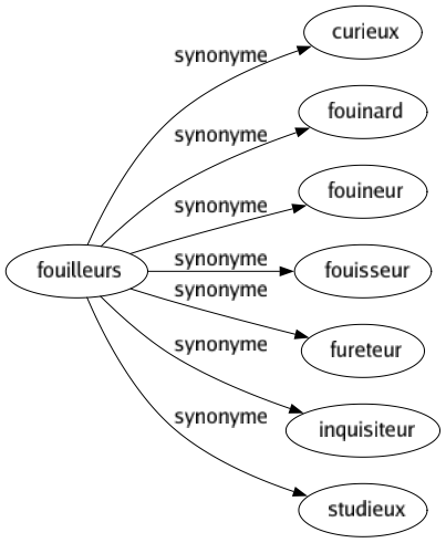 Synonyme de Fouilleurs : Curieux Fouinard Fouineur Fouisseur Fureteur Inquisiteur Studieux 