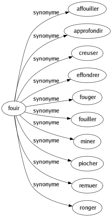 Synonyme de Fouir : Affouiller Approfondir Creuser Effondrer Fouger Fouiller Miner Piocher Remuer Ronger 