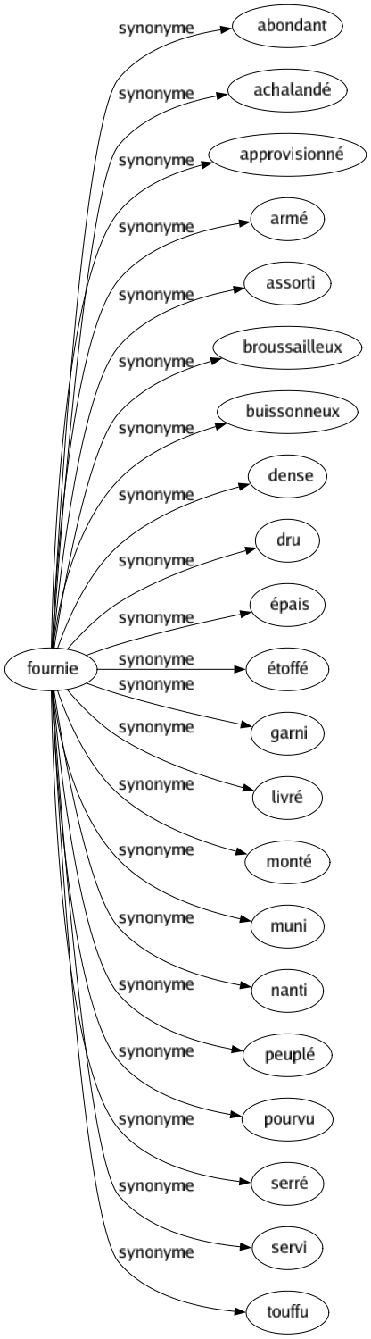 Synonyme de Fournie : Abondant Achalandé Approvisionné Armé Assorti Broussailleux Buissonneux Dense Dru Épais Étoffé Garni Livré Monté Muni Nanti Peuplé Pourvu Serré Servi Touffu 