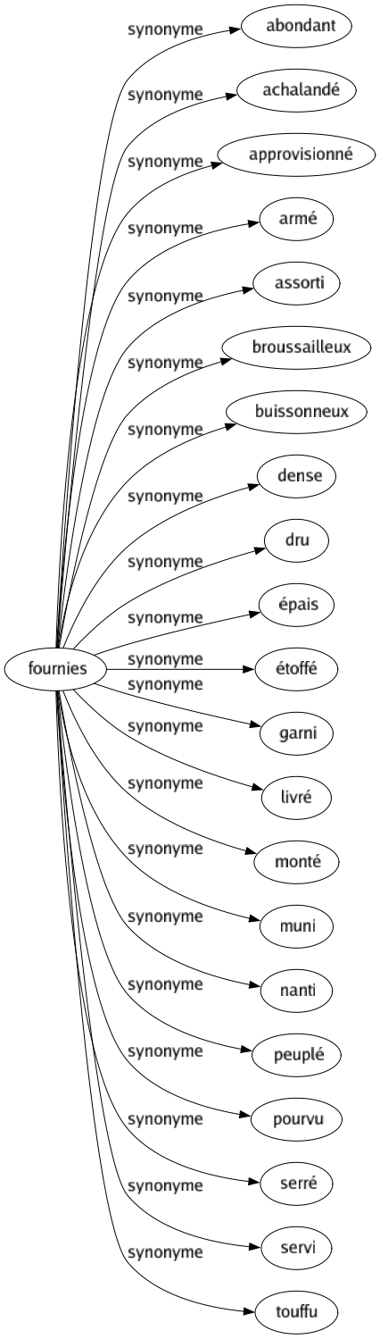 Synonyme de Fournies : Abondant Achalandé Approvisionné Armé Assorti Broussailleux Buissonneux Dense Dru Épais Étoffé Garni Livré Monté Muni Nanti Peuplé Pourvu Serré Servi Touffu 