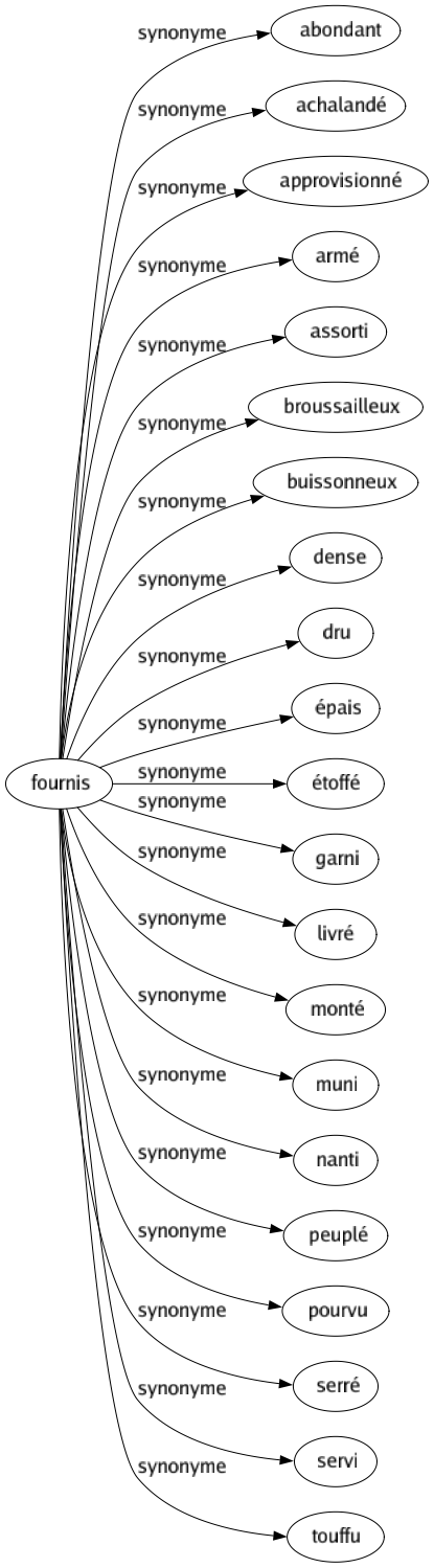 Synonyme de Fournis : Abondant Achalandé Approvisionné Armé Assorti Broussailleux Buissonneux Dense Dru Épais Étoffé Garni Livré Monté Muni Nanti Peuplé Pourvu Serré Servi Touffu 