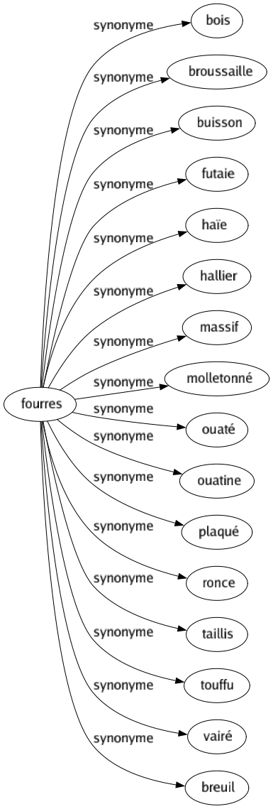 Synonyme de Fourres : Bois Broussaille Buisson Futaie Haïe Hallier Massif Molletonné Ouaté Ouatine Plaqué Ronce Taillis Touffu Vairé Breuil 