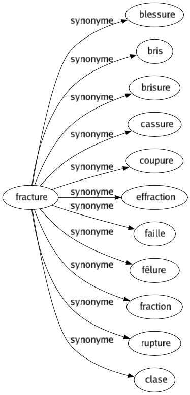 Synonyme de Fracture : Blessure Bris Brisure Cassure Coupure Effraction Faille Fêlure Fraction Rupture Clase 