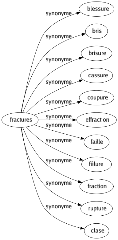 Synonyme de Fractures : Blessure Bris Brisure Cassure Coupure Effraction Faille Fêlure Fraction Rupture Clase 