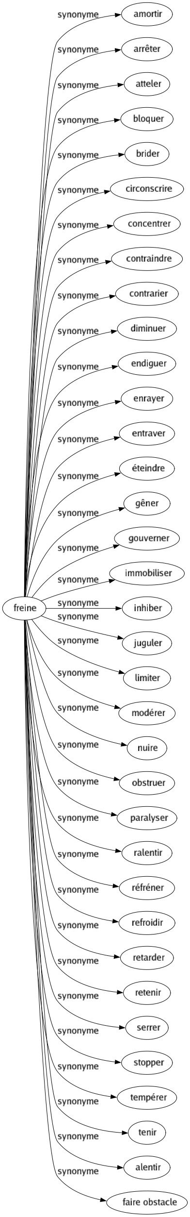 Synonyme de Freine : Amortir Arrêter Atteler Bloquer Brider Circonscrire Concentrer Contraindre Contrarier Diminuer Endiguer Enrayer Entraver Éteindre Gêner Gouverner Immobiliser Inhiber Juguler Limiter Modérer Nuire Obstruer Paralyser Ralentir Réfréner Refroidir Retarder Retenir Serrer Stopper Tempérer Tenir Alentir Faire obstacle 