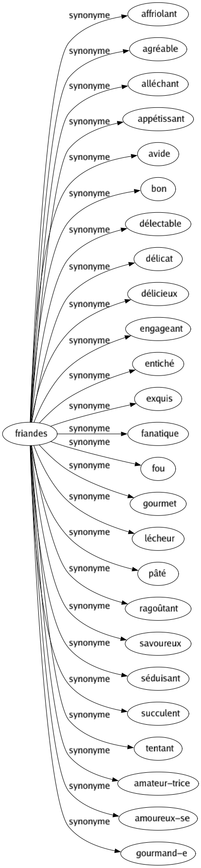 Synonyme de Friandes : Affriolant Agréable Alléchant Appétissant Avide Bon Délectable Délicat Délicieux Engageant Entiché Exquis Fanatique Fou Gourmet Lécheur Pâté Ragoûtant Savoureux Séduisant Succulent Tentant Amateur-trice Amoureux-se Gourmand-e 