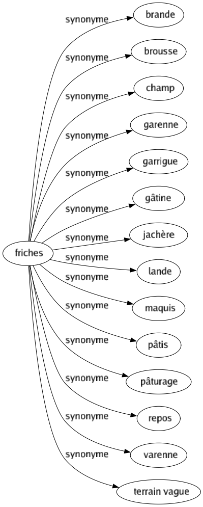 Synonyme de Friches : Brande Brousse Champ Garenne Garrigue Gâtine Jachère Lande Maquis Pâtis Pâturage Repos Varenne Terrain vague 