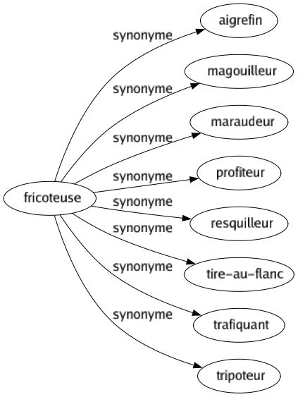 Synonyme de Fricoteuse : Aigrefin Magouilleur Maraudeur Profiteur Resquilleur Tire-au-flanc Trafiquant Tripoteur 