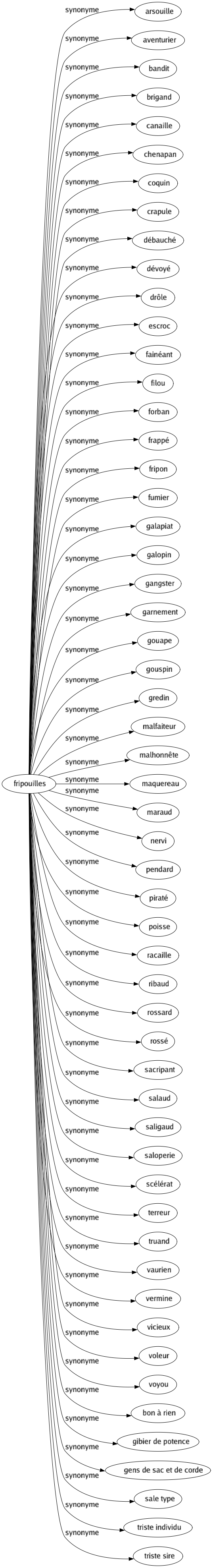 Synonyme de Fripouilles : Arsouille Aventurier Bandit Brigand Canaille Chenapan Coquin Crapule Débauché Dévoyé Drôle Escroc Fainéant Filou Forban Frappé Fripon Fumier Galapiat Galopin Gangster Garnement Gouape Gouspin Gredin Malfaiteur Malhonnête Maquereau Maraud Nervi Pendard Piraté Poisse Racaille Ribaud Rossard Rossé Sacripant Salaud Saligaud Saloperie Scélérat Terreur Truand Vaurien Vermine Vicieux Voleur Voyou Bon à rien Gibier de potence Gens de sac et de corde Sale type Triste individu Triste sire 