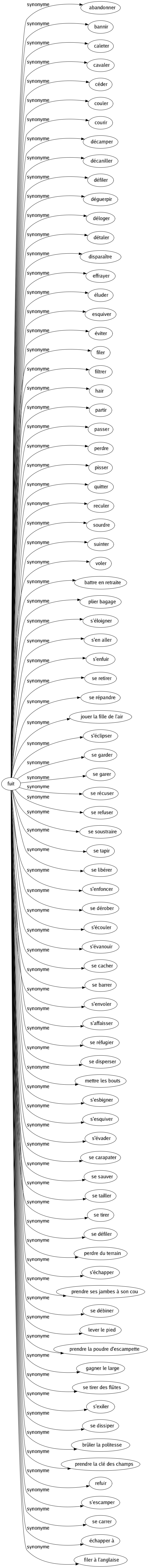 Synonyme de Fuit : Abandonner Bannir Caleter Cavaler Céder Couler Courir Décamper Décaniller Défiler Déguerpir Déloger Détaler Disparaître Effrayer Éluder Esquiver Éviter Filer Filtrer Haïr Partir Passer Perdre Pisser Quitter Reculer Sourdre Suinter Voler Battre en retraite Plier bagage S'éloigner S'en aller S'enfuir Se retirer Se répandre Jouer la fille de l'air S'éclipser Se garder Se garer Se récuser Se refuser Se soustraire Se tapir Se libérer S'enfoncer Se dérober S'écouler S'évanouir Se cacher Se barrer S'envoler S'affaisser Se réfugier Se disperser Mettre les bouts S'esbigner S'esquiver S'évader Se carapater Se sauver Se tailler Se tirer Se défiler Perdre du terrain S'échapper Prendre ses jambes à son cou Se débiner Lever le pied Prendre la poudre d'escampette Gagner le large Se tirer des flûtes S'exiler Se dissiper Brûler la politesse Prendre la clé des champs Refuir S'escamper Se carrer Échapper à Filer à l'anglaise 