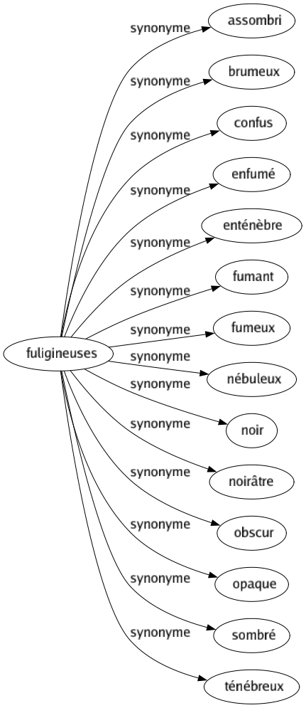 Synonyme de Fuligineuses : Assombri Brumeux Confus Enfumé Enténèbre Fumant Fumeux Nébuleux Noir Noirâtre Obscur Opaque Sombré Ténébreux 